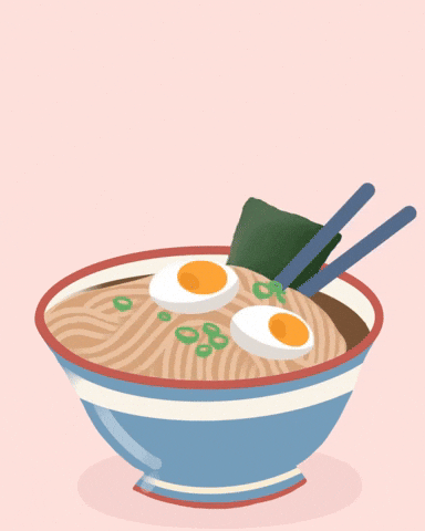 Kawaii gif. Chopsticks pulling up a bunch of ramen from a bowl with two halves of an egg, scallions, and nori.