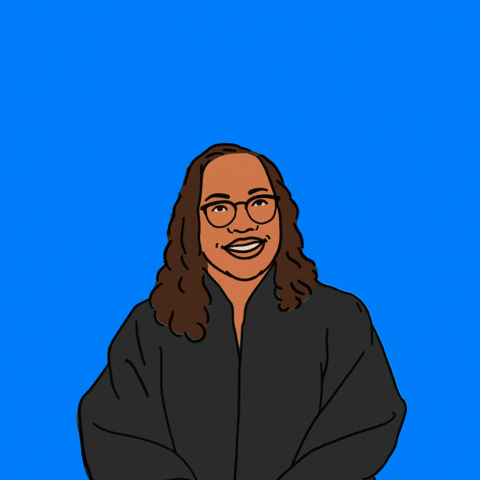 Digital art gif. Illustration of a smiling Supreme Court Justice Ketanji Brown Jackson wearing her robes, surrounded by the words, "Judge, wife, mother, bookworm, knitter," all against a blue background.