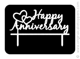 Text gif. Black background with white spinning text. Two hearts also spin. Text, “Happy Anniversary.”