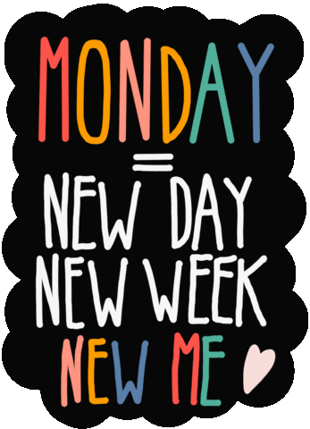 Text gif. The text, "Monday equals New Day, New Week, New Me," appears in large letters against a black scalloped background. Each letter in "Monday" and "New Me" alternates between multiple colors. 