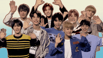 Celebrity gif. All the members from the K-pop group NCT 127 are waving at us happily.