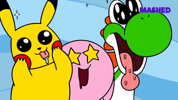 Cartoon gif. Kirby, Pikachu, and Yoshi all have wide, frantic eyes and are drooling as they stare at something. Sparkles glow around them, emphasizing their huge, starry eyes.