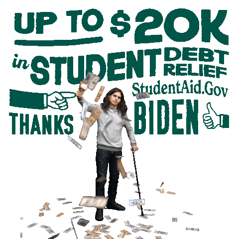 Digital art gif. Young man with long wavy hair confidently wields a money shooter on full blast, cash flying out like confetti, surrounded by big green lettering bobbing and flexing, accompanied doodles including a thumbs up. Text, "Up to $20k in student debt relief, Thanks Biden, Student-Aid-dot-gov."