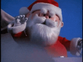 Movie gif. In Rudolph the Red-Nosed Reindeer, Santa Claus flies in his sleigh and waves heartily.