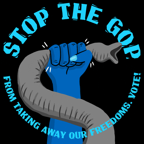 Digital art gif. Gray elephant trunk is squeezed by a blue hand over a black background framed by the text, “Stop the GOP from taking away our freedoms. Vote!”