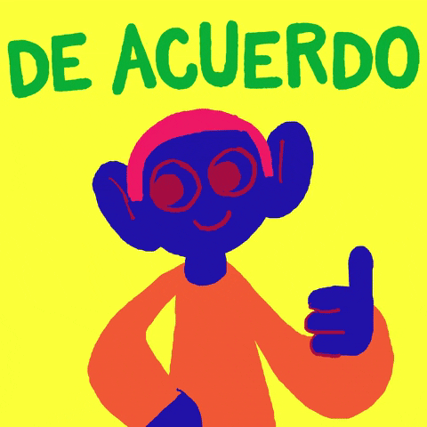 Illustrated gif. Cartoony blue figure holds a thumbs up, blinking and smiling, over a yellow background with lime green check marks and below green text reading, "De acuerdo."