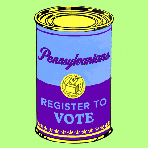 Digital art gif. Four cans of soup that resemble Andy Warhol’s famous Campbell’s soup cans continuously scroll against a color-changing background. The first can label reads, “Pennsylvanians register to vote.” The second can label reads, “Pennsylvanians vote by mail.” The third can label reads, “Pennsylvanians vote early.” The fourth can label reads, “Pennsylvanians, stay in line.”