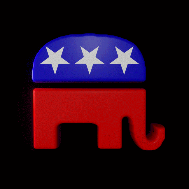 Digital art gif. Icon of red, white, and blue Republican elephant tips backward and beings to melt into the floor, creating a large red pool of liquid against a black background.