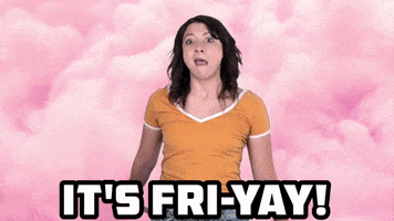 Video gif. Katie Molinaro, an actress, stands in front of a pink cloud background and raises her arms in fun but awkwardly silly manner. Text, "It's Fri-Yay!"