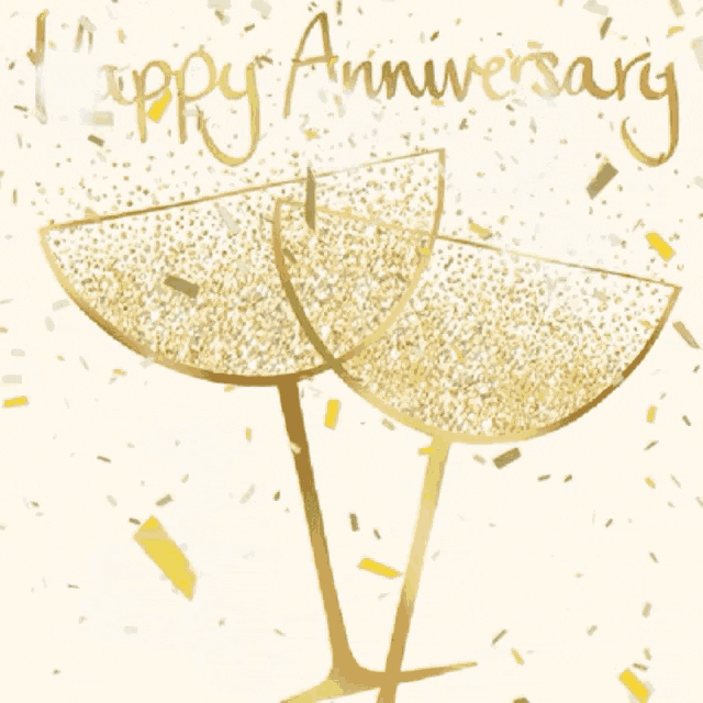 Digital art gif. Gold and silver confetti flutters down on overlapping gold wine glasses. Text, "Happy anniversary."