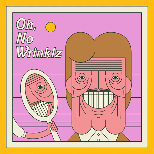 Digital art gif. A man stares at himself in the mirror and he looks happy but wrinkled. His  face then elongates and he cries looking at his warped face. Text, "Oh, no, wrinklz."