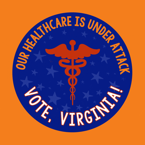Digital art gif. Blue circular sticker against an orange background features a red medical symbol of a staff entwined by two serpents, topped with flapping wings and surrounded by light blue dancing stars. Text, “Our healthcare is under attack. Vote, Virginia!”