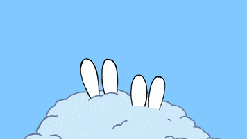 Cartoon gif. Simon and Gaspard from Simon pop out of a pile of snow, their white rabbit ears, faces, and one gloved hand visible. They smile and wave at us. Yellow text above them reads, “Happy New Year.