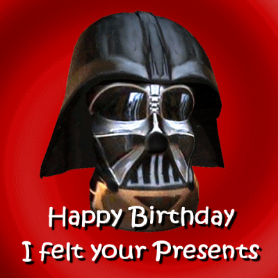 Digital illustration gif. Darth Vader's helmet spins in front of a glowing red spiral background. Text, "Happy birthday I felt your Presents."