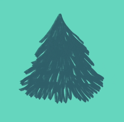 Cartoon gif. Against a blue and then flashing rainbow background, a Christmas tree slowly gains decorations--first tinsel, then lights, then a star, before the words "Merry Christmas" flash on the background.