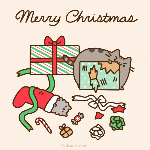 Kawaii gif. Pusheen the cat chews on a ripped up christmas present. Ribbon and wrapping paper litter the ground. A small fluffy kitten lays in a stocking upside down.