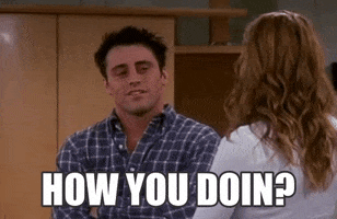 Friends gif. Matt LeBlanc as Joey nods and smiles as he checks out a woman and says, "How you doin?" which appears as text.