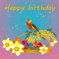 Digital art gif. A bird coos on a basket of flowers and sparkles light up all around them. Text,