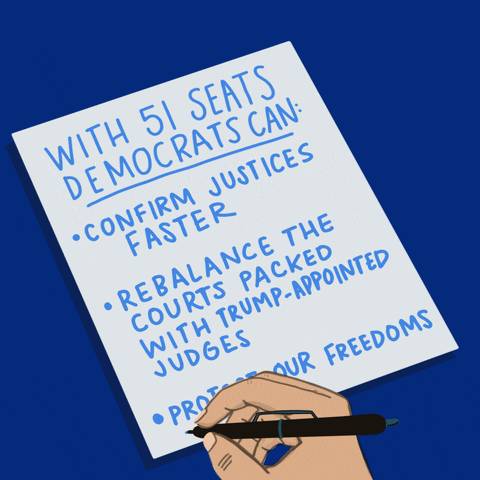 Digital art gif. Man's hand underlining the last article in a list on a piece of paper on a blue background with a blue pen. Text, "With 51 seats Democrats can, Confirm justices faster, Rebalance the courts packed with Trump-appointed judges, Protect our freedoms."