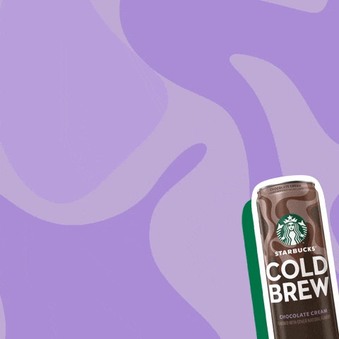 Sponsored gif. Digital illustration of a can of Starbucks Chocolate Cream Iced Coffee outlined in Starbucks white and green dances around against a wavy purple background. Moving text appears that says, "Love at first sip," as a tiny green heart floats away. 