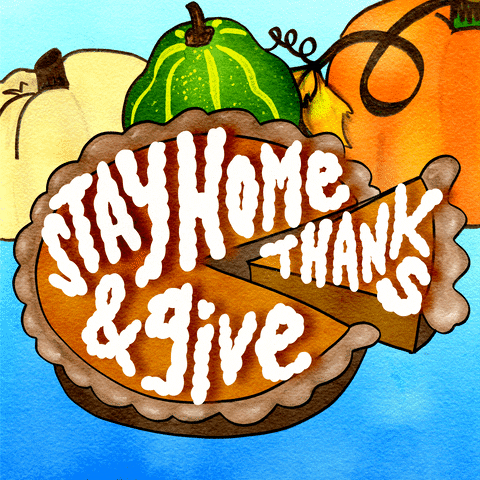 Digital art gif. A pumpkin pie with whipped-cream lettering on it says, "stay home and give thanks."
