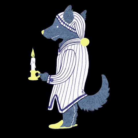 Digital art gif. Wolf wearing a nightgown, slippers, and pajama hat is standing with a candle holder. They look off into the distance and we see the flame on the candle flicker on and off.