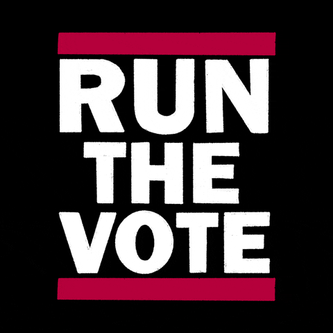 Text gif. Text blinking blue and white in the style of the Run DMC logo on a black background. Text, "Run the vote."