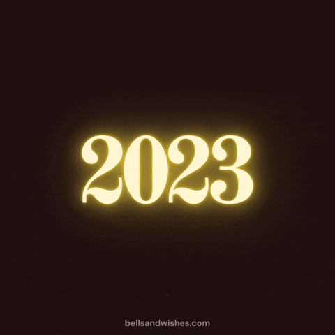 Animated graphic gif. Gold sparkling stream of light makes five revolutions around the year 2023 like a shooting star against a gold glittery black background.