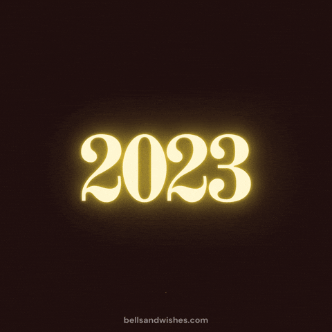 Animated graphic gif. Gold sparkling stream of light makes five revolutions around the year 2023 like a shooting star against a gold glittery black background.