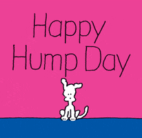 Illustrated gif. White cartoon dog sitting on the ground is launched into the air when a hump in the ground sprouts up underneath it. Text reads, "Happy Hump Day."