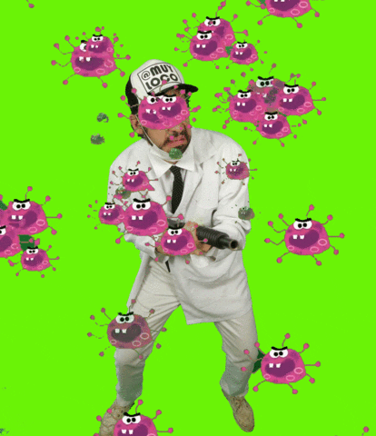 a man fighting cartoon bacteria