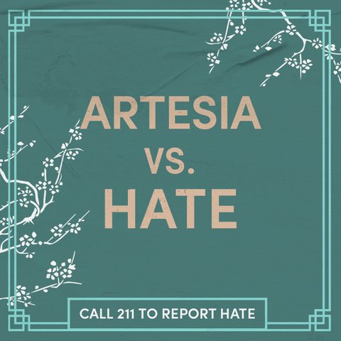 Text gif. Ecru letters on a sage green background, surrounded by swaying cherry blossom branches as a butterfly glides through. Text, "Artesia vs hate, call 211 to report hate."