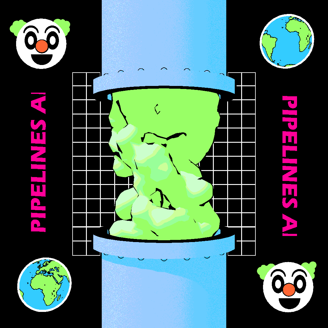 Digital art gif. Pipe pours green goo into another pipe over a black background surrounded by spinning globes and clown heads and the scrolling message, “Pipelines are never clean.”