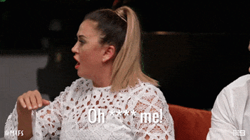 Reality TV gif. Looking over her shoulder and then plopping back into the couch, Mishel in Married at First Sight rolls her eyes and says "oh, fuck me," which appears as censored text.
