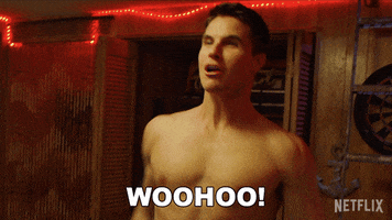 Movie gif. Robbie Amell as Max in The Babysitter: Killer Queen is shirtless and showcasing his muscles, appearing energized and exclaiming, "Woohoo!" 