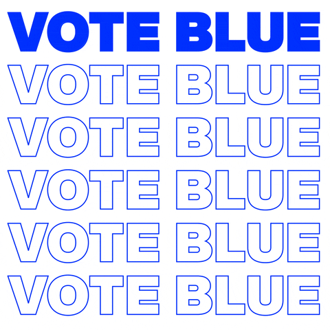 Digital art gif. The words "Vote blue" appear six times, stacked on top of one another, and each line is highlighted blue one after the other, all against a white background.