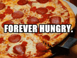 Text gif. Bold white text reading, "Forever Hungry" is displayed over a rapid montage of mouthwatering foods, including pizza, chocolate cupcakes, an aisle of chips, fried chicken, and other tasty sweets.