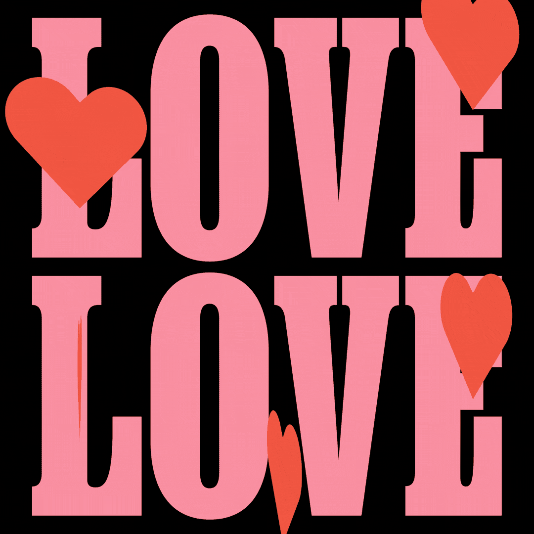 Text gif. The word, "Love," is written twice on top of a black background. Big red hearts fall over the words.