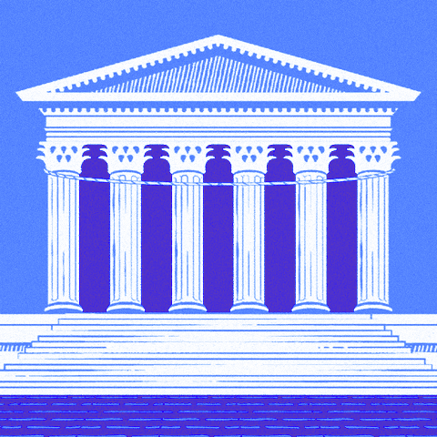 Illustrated gif. The Marble Palace on a cobalt and periwinkle background, a banner unfurls down its columns. Text, "Learn about North Carolina's Supreme Court candidates at guides-dot-vote."