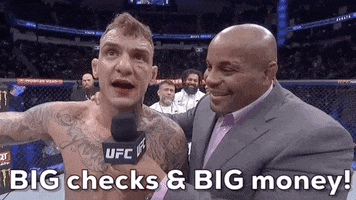 Sports gif. UFC fighter Renato Moicano is being interviewed after his win and he tells the audience, "Big checks and big money!"