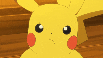 Pokémon gif. Pikachu frowns angrily and furrows his brow with increasing intensity until electric currents spark from his cheeks.