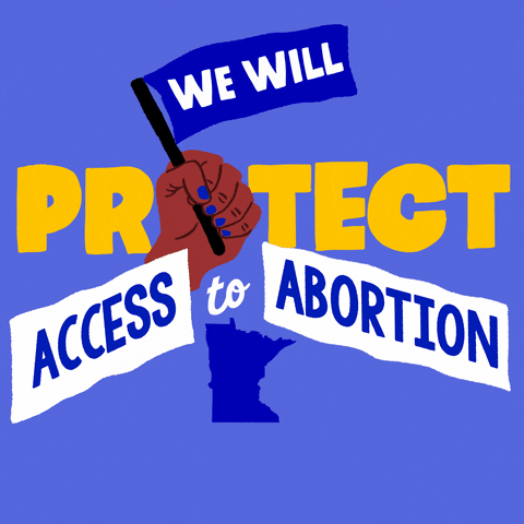 Text gif. Brown hand with blue fingernails against light blue background waves a dark blue flag up and down that reads, “We will,” followed by the text, “Protect access to abortion. Minnesota.”