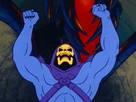 Cartoon gif. Skeletor pumps his arms up in the air triumphantly, with his head back, cheering.