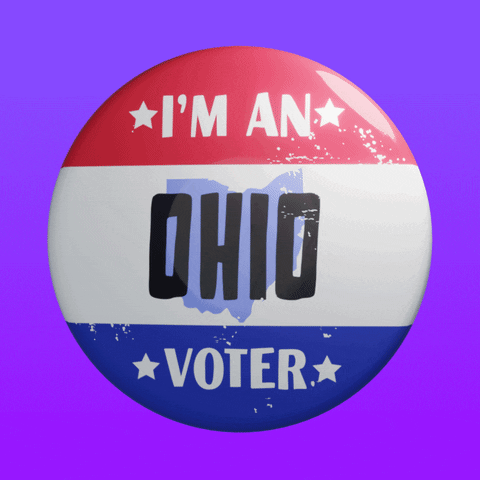 Digital art gif. Round red, white, and blue button featuring the shape of Ohio spins over a blue background. Text, “I’m an Ohio voter.”