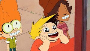 Cartoon gif. Three characters from La Vie en Slip look up into a window with big grins and puppy-dog eyes.