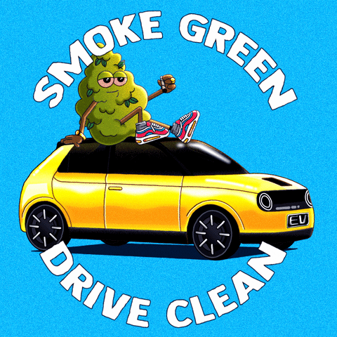 Text gif. Anthropomorphic nug sitting atop a bright yellow electric car smokes a joint, blowing smoke rings in the shape of dollar signs against a blue background, surrounded by the message "Smoke green, drive clean."