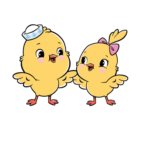 Dvě kreslená pohybující se kuřátka, která se objímají a jsou obklopena srdíčky.