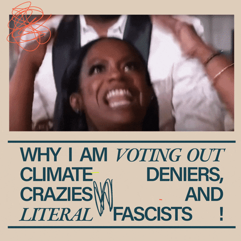 Digital art gif. Kandi Burruss eyes wide with fury, throwing her hands in the air in defiant emphasis, shouting "The lies, the lies!" embedded on a beige background, mismatched fonts and energetic doodles all around. Text, "Why I am voting out climate deniers and literal fascists."