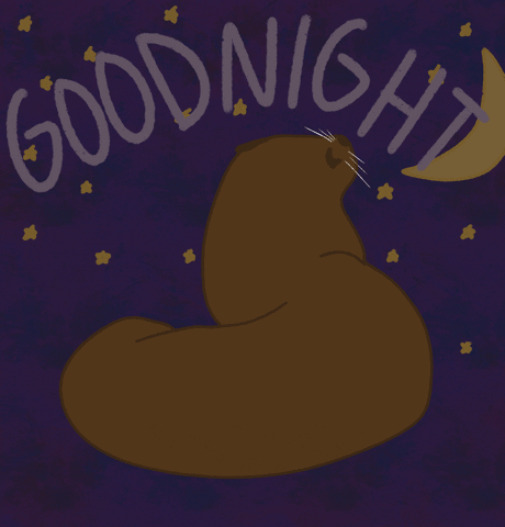 Illustrated gif. Brown otter curls up onto itself to sleep, against a purple night sky background with stars and a moon. Text, "Goodnight."
