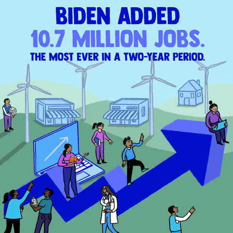 Digital art gif. Young professionals working, looking optimistic, and pointing amongst rolling hills with houses, small businesses, and wind turbines, some climbing an upward-trending arrow on a clear blue sky. Text, "Biden added 10.7 million jobs, The most ever in a two-year period."